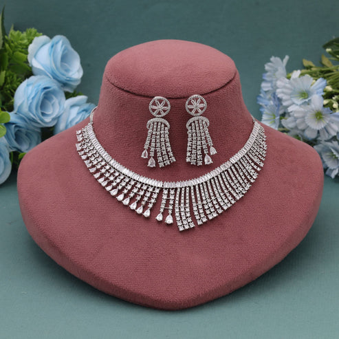 Silver Color American Diamond Necklace Set Inspired By Classic Luxury Jewellery Design