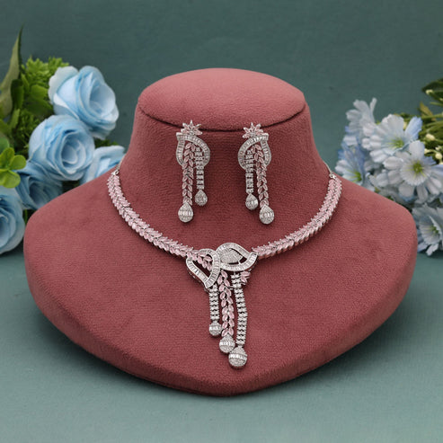 Pink Color American Diamond Necklace Set With Soft Glamour For Festive Wear