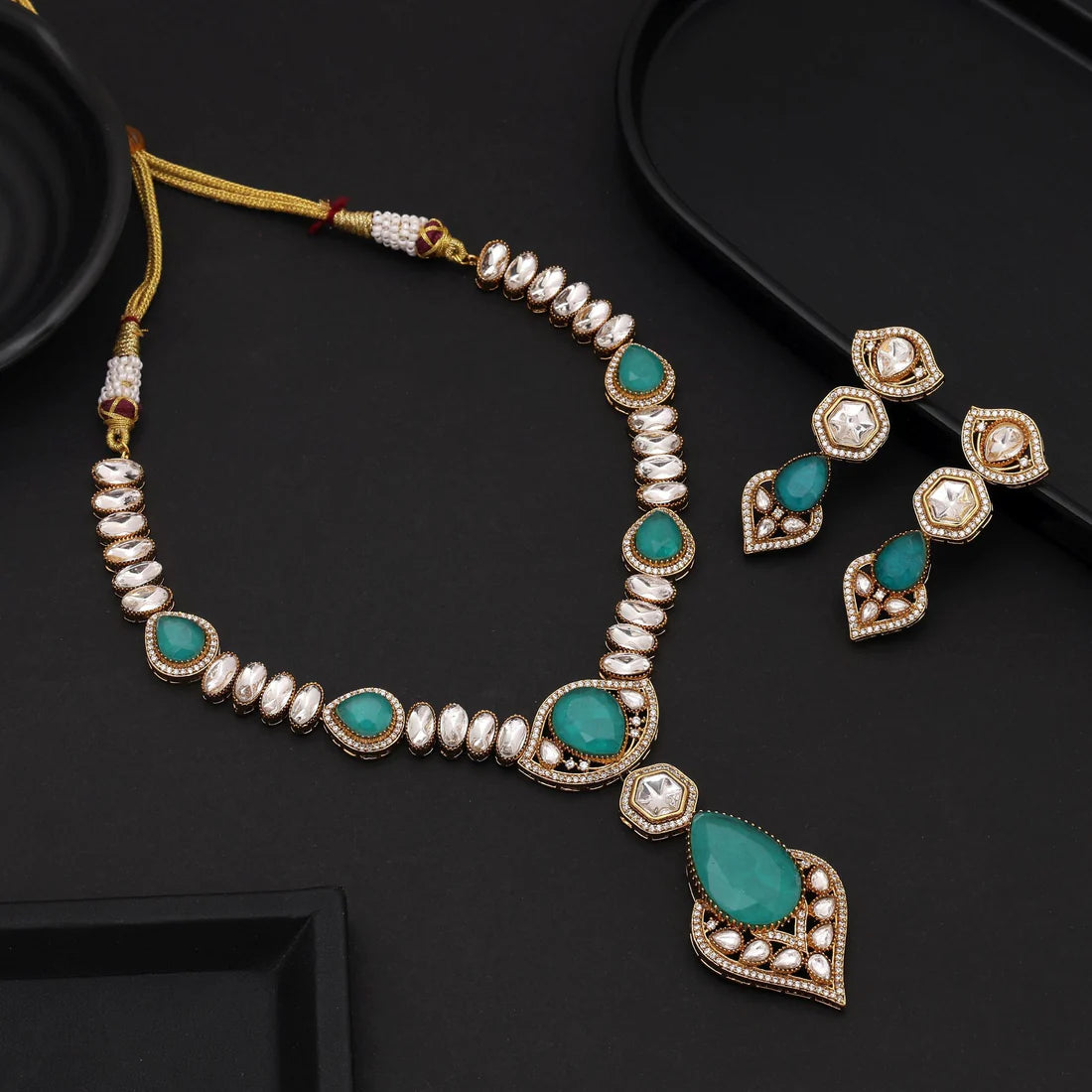 Light Green Color Long American Diamond Necklace Set Offering Soft Elegant Charm