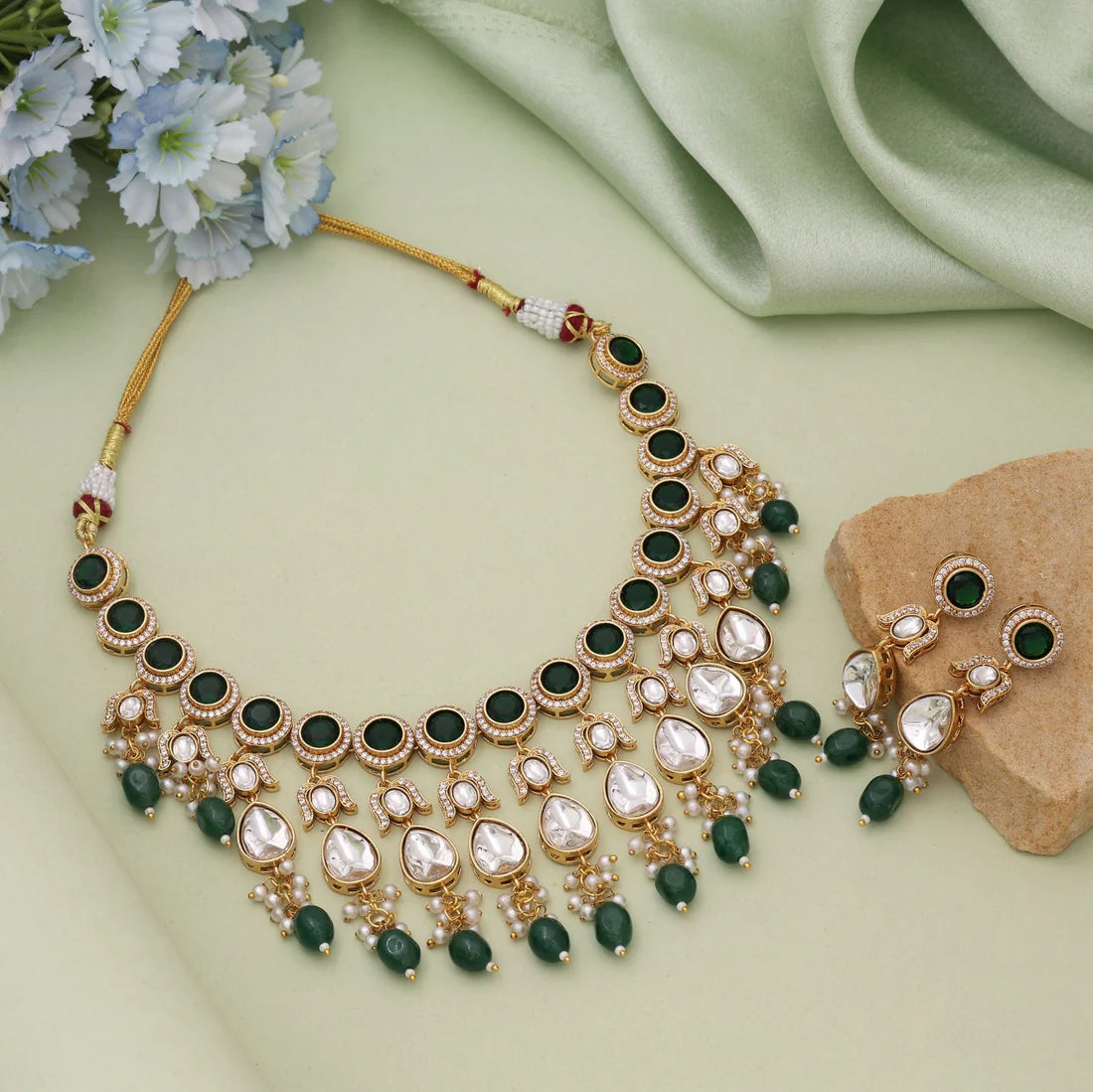 Green Color American Diamond Necklace Set Featuring Rich Tone And Diamond Brilliance