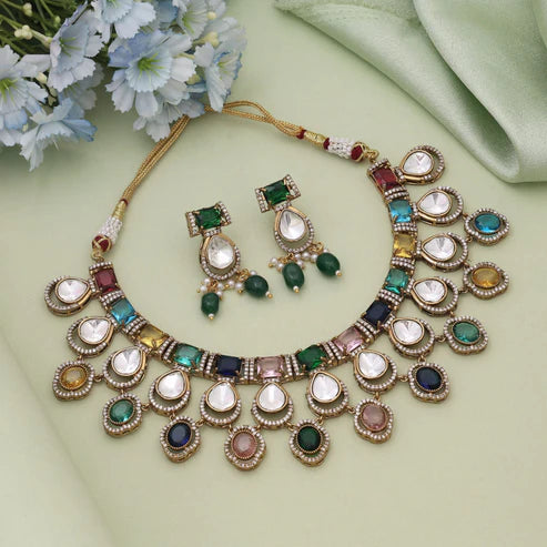 Multi Color American Diamond Necklace Set Created For Grand Festive Jewellery Styling
