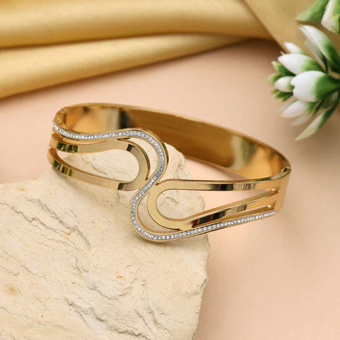Stunning Gold Color Openable American Diamond Bracelet With Stone Detailing For Festive Wear
