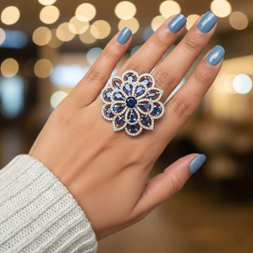 Vibrant Blue Color American Diamond Ring Made To Highlight Your Unique Festive Glamour
