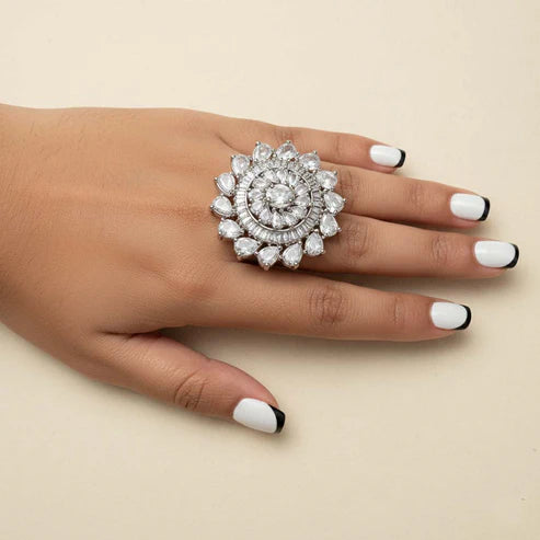 Polished Silver Color American Diamond Ring Ideal For Refined And Versatile Jewelry Styling