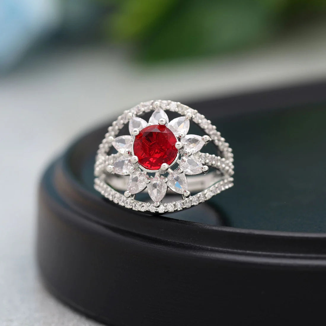 Red Color American Diamond Ring Offering Vibrant Charm For Festive And Party Fashion