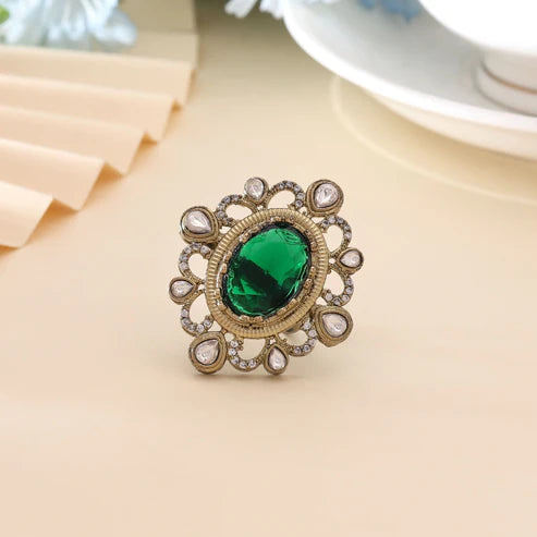 Green Color American Diamond Ring Designed For Elegant Traditional And Party Wear