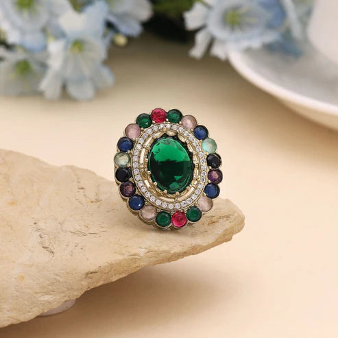 Green Color American Diamond Ring Crafted With Premium Finish For Daily Elegance