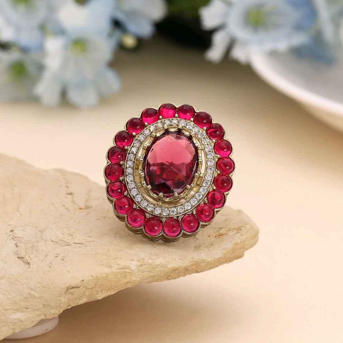 Rani Color American Diamond Ring Created For Wedding And Celebration Wear