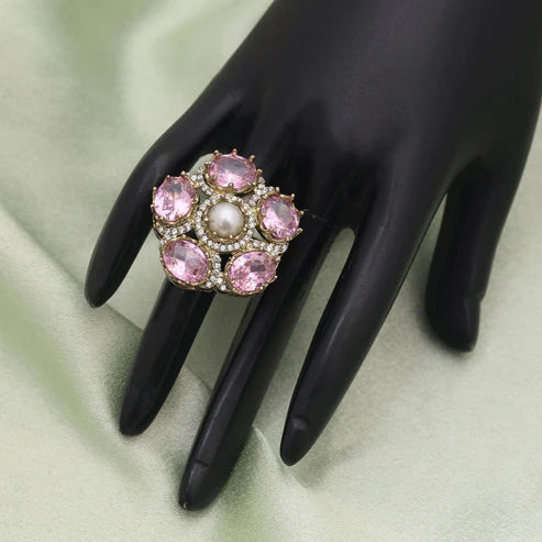 Pink Color American Diamond Ring Designed With Feminine Elegance And Charm