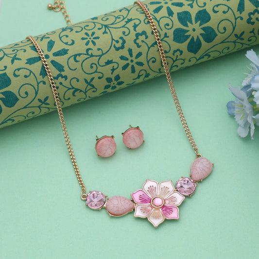 Pink Color Flower Design Anti Tarnish Necklace Set With Soft Elegant Floral Appeal