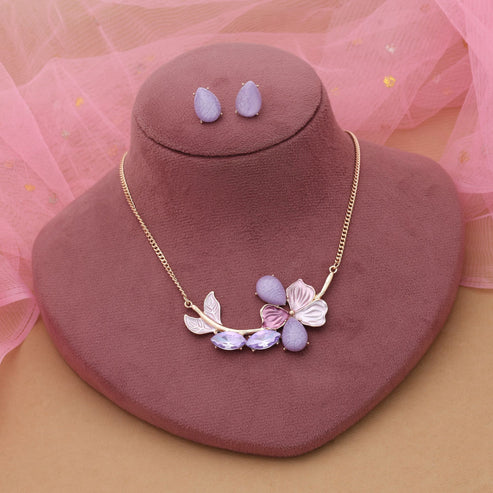 Purple Color Flower Design Anti Tarnish Necklace Set With Elegant Evening Style Look