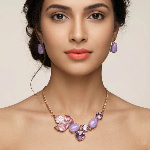 Purple Color Anti Tarnish Necklace Set With Royal Inspired Elegant Fashion Look