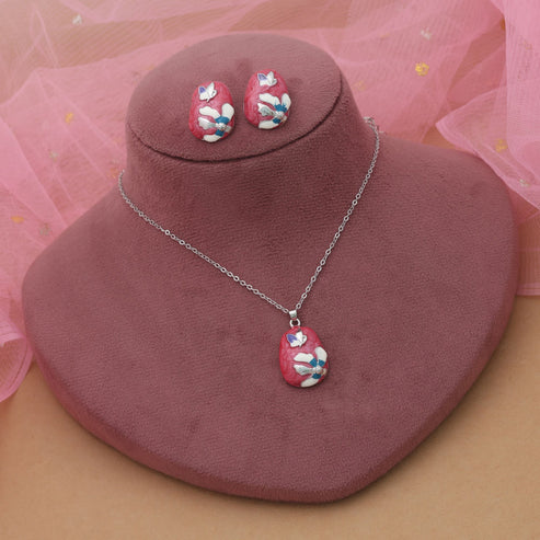 Dark Pink Color Meena Work Anti Tarnish Necklace Set With Vibrant Artistic Finish