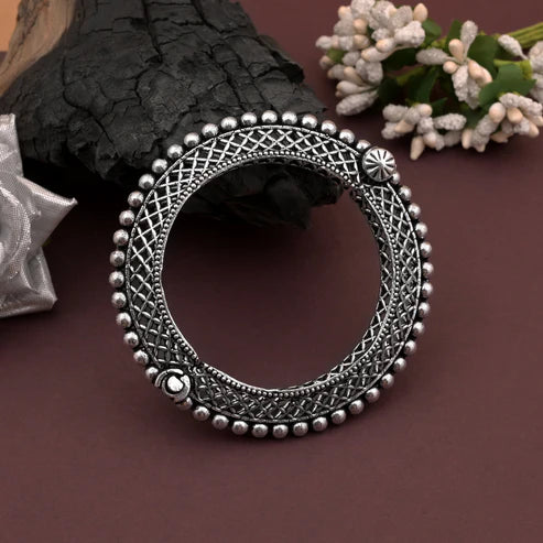 Antique Look Silver Color Oxidised Openable Bracelet With Bold Design