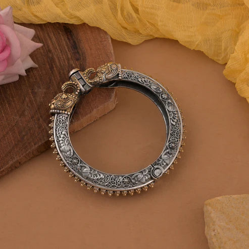 Gold & Silver Color Two Tone Oxidised Openable Bracelet With Carved Detailing