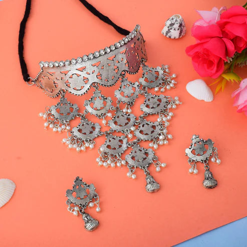 Silver Color Oxidised Necklace Set With Unique Engraved Detailing And Charm