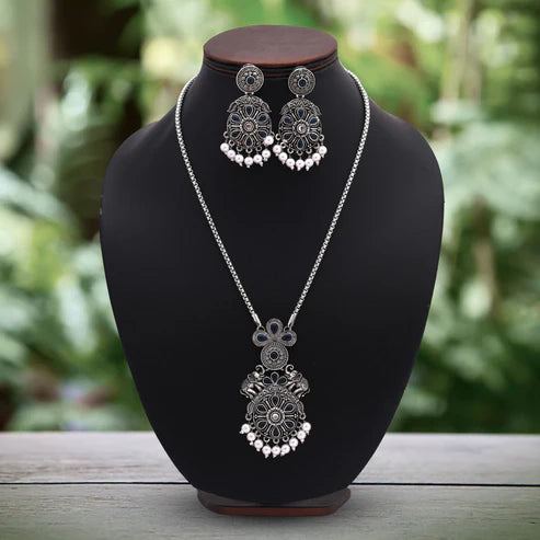 Elegant Turquoise Blue Color Oxidised Necklace Set For Modern Ethnic Look