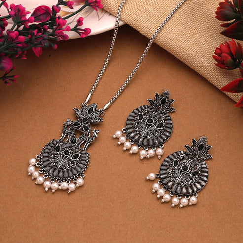 Stylish Black Color Oxidised Necklace Set With Mirror And Bead Work