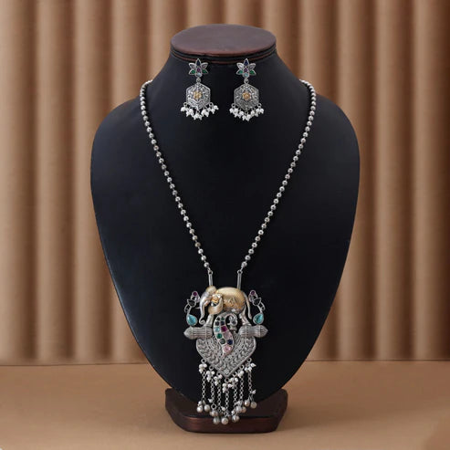 Multi Color Dual Tone Oxidised Necklace Set Featuring Vibrant Designs For Festive Traditional Styling