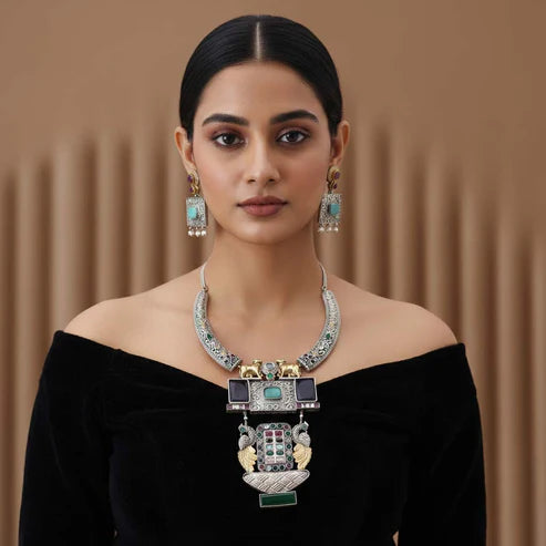 Multi Color Dual Tone Oxidised Necklace Set Reflecting Cultural Artistry With Striking Decorative Details