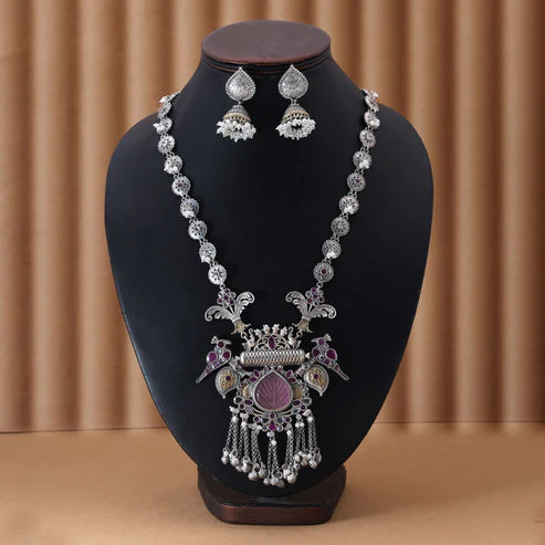 Light Pink & Rani Color Dual Tone Oxidised Necklace Set Blending Soft Tones With Exquisite Oxidised Styling