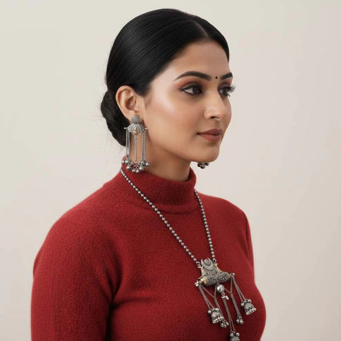 Silver Color Dual Tone Oxidised Necklace Set Featuring Classic Metallic Tones With Ornate Oxidised Texture
