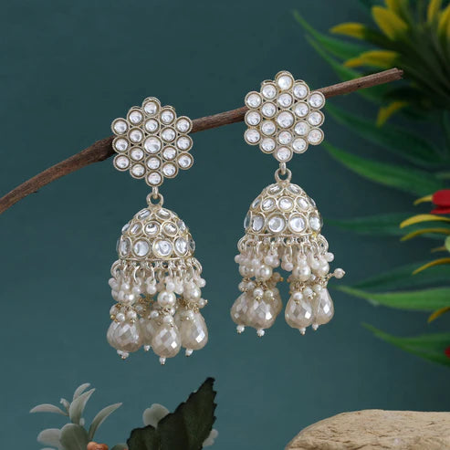 Exclusive White Color Kundan Earrings With Antique Touch Perfect For Party And Bridal Wear