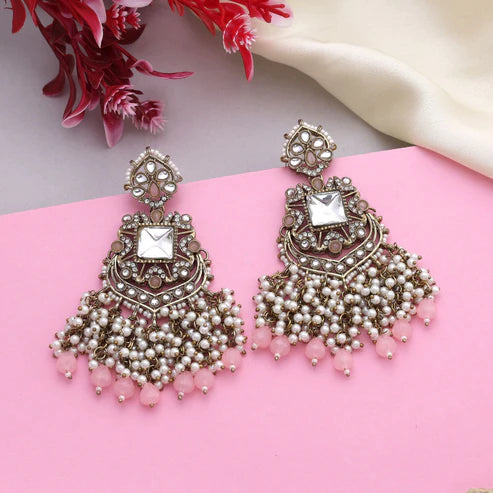 Pretty Pink Color Kundan Earrings With Antique Gold Polish For Wedding Ceremonies
