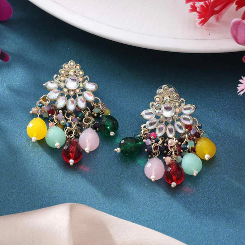 Multi Color Kundan Earrings With Artistic Handcrafted Finish For Cultural Style