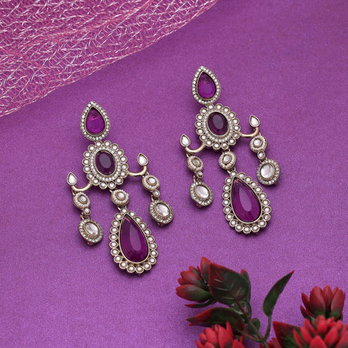 Blue Color Kundan Earrings Designed For Graceful Party And Festive Wear