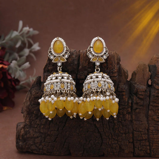 Yellow Color Kundan Earrings With Bright Festive Kundan Earrings Tikka Set