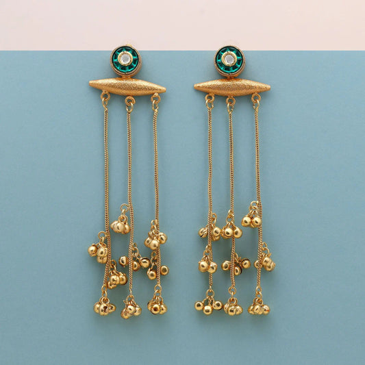 Green Color Long Kasmiri Earrings Crafted To Elevate Festive Attire With Intricate Traditional Artistry
