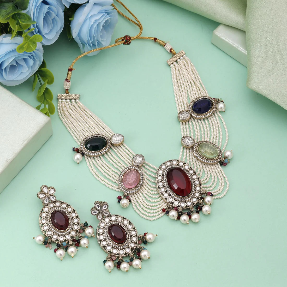 Multi Color Kundan Necklace Set With Vibrant Stones For Festive Styling