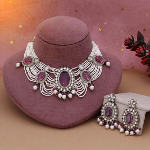 Magenta Color Kundan Necklace Set Featuring Bold Royal Festive Appeal