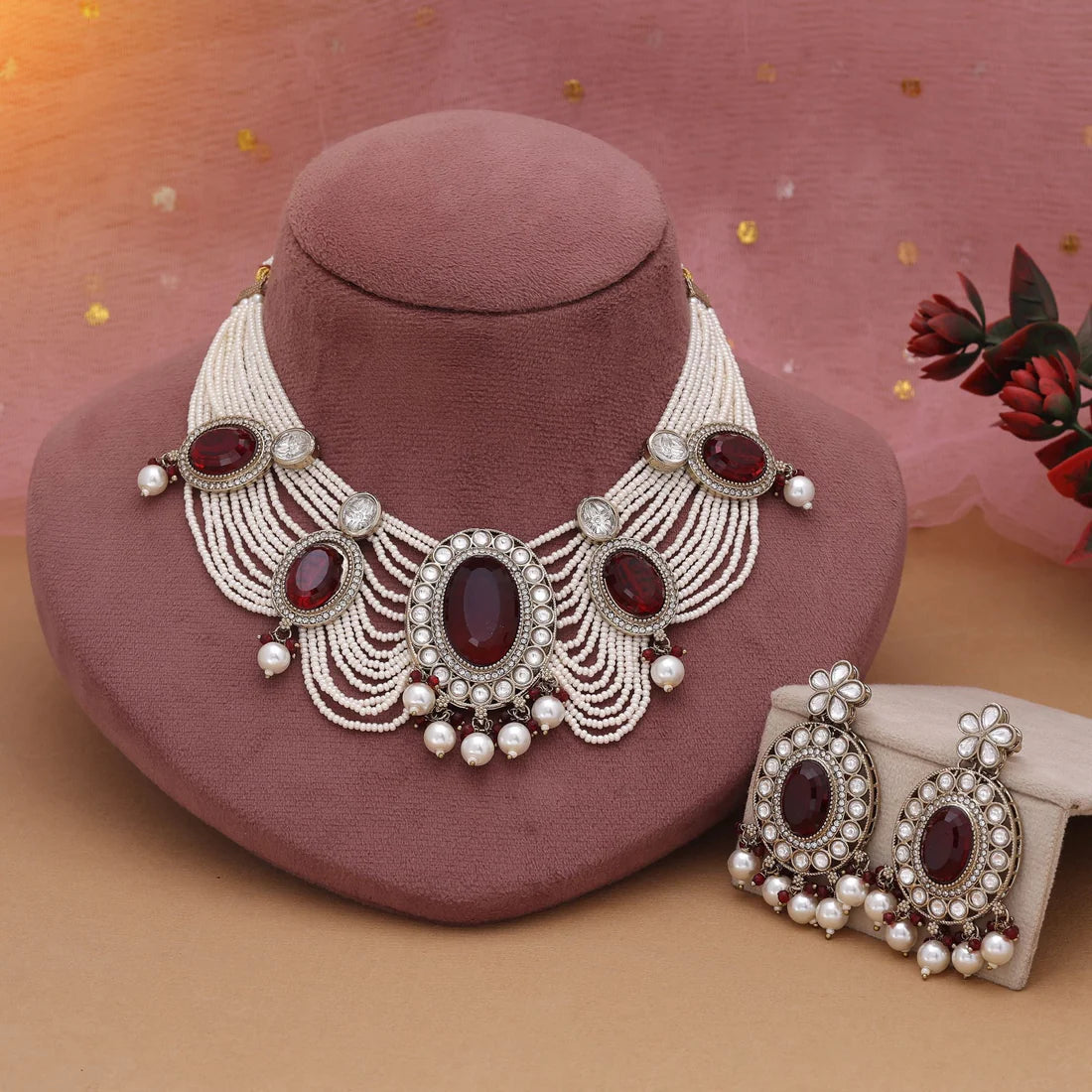 Maroon Color Kundan Necklace Set Crafted For Rich Traditional Wedding Wear