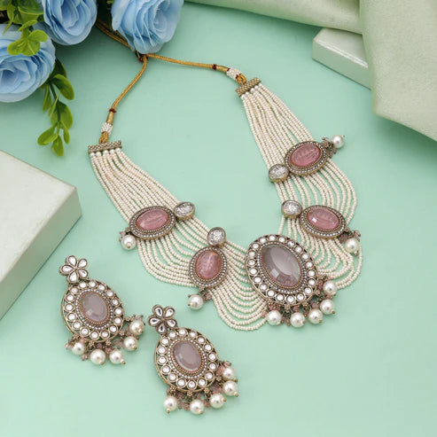 Pink Color Kundan Necklace Set Designed For Elegant Wedding Celebrations