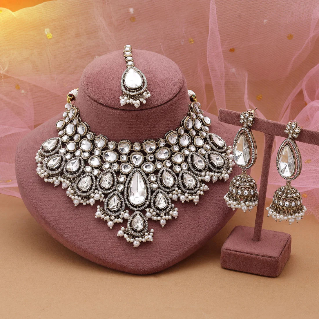 White Color Kundan Necklace Set Offering Timeless Grace For Ethnic Outfits