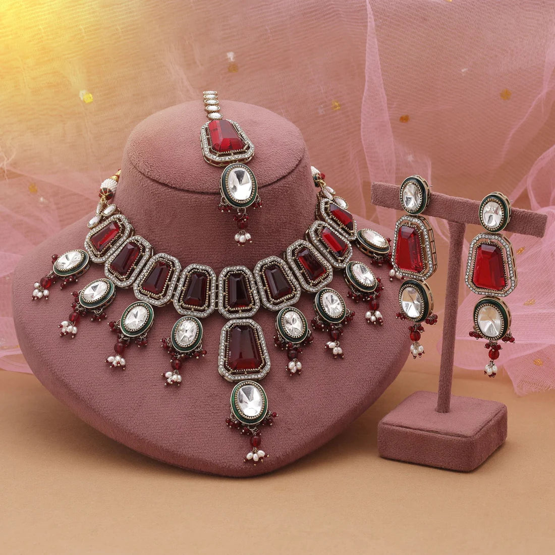 Maroon Color Kundan Necklace Set With Classic Indian Festive Design