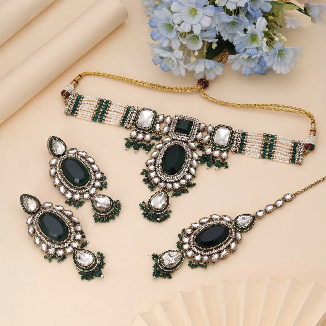 Green Color Choker Kundan Necklace Set With Royal Festive Statement Look