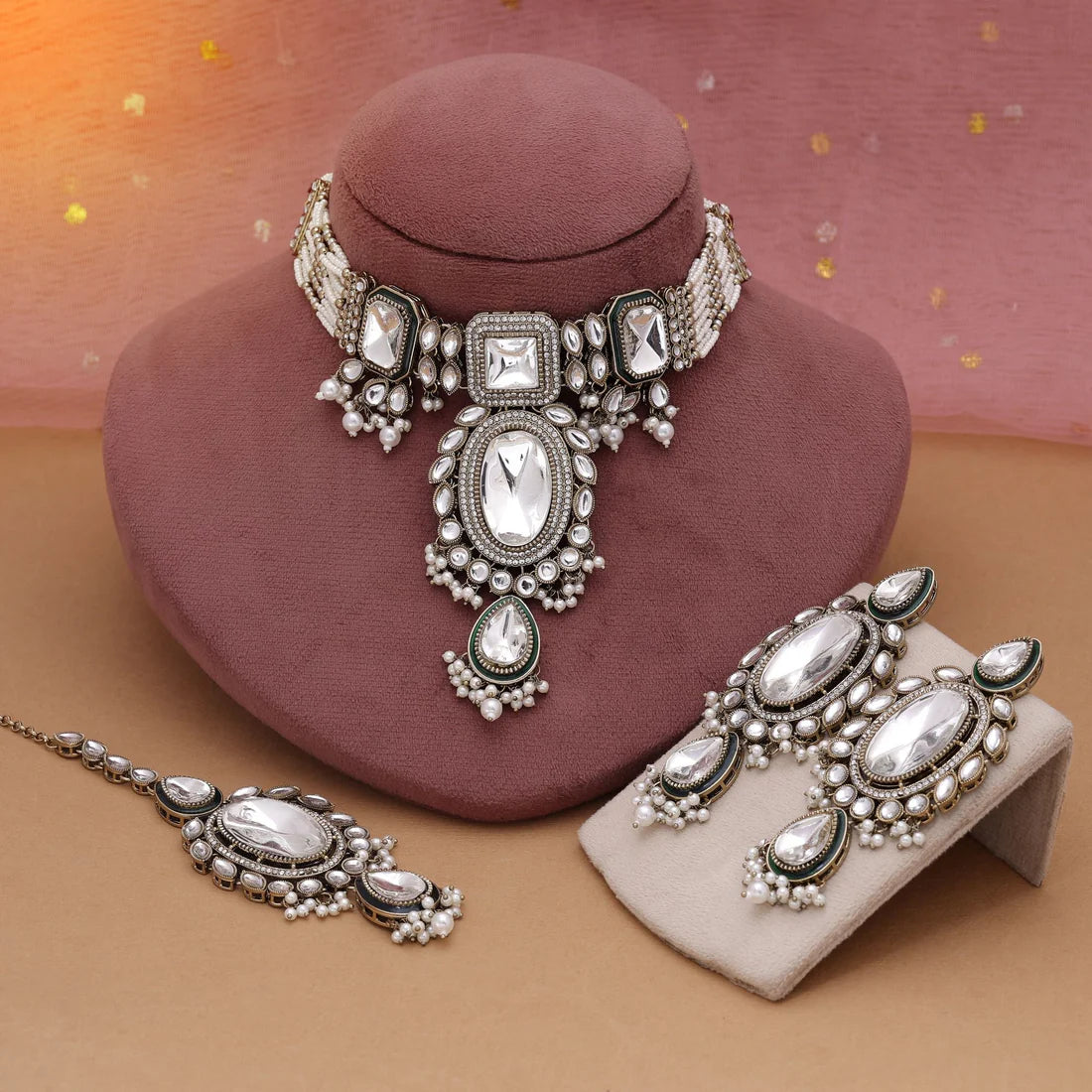 White Color Choker Kundan Necklace Set Offering Classic Ethnic Elegance