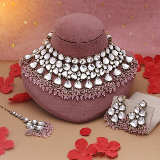 Pink Color Kundan Necklace Set Featuring Elegant Stones For Festive Looks