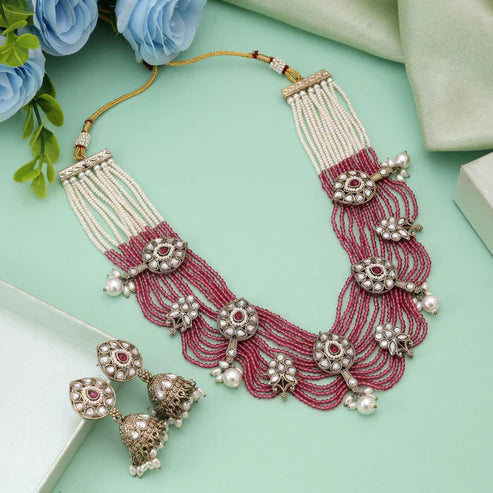 Magenta Color Kundan Necklace Set With Vibrant Royal Festive Finish