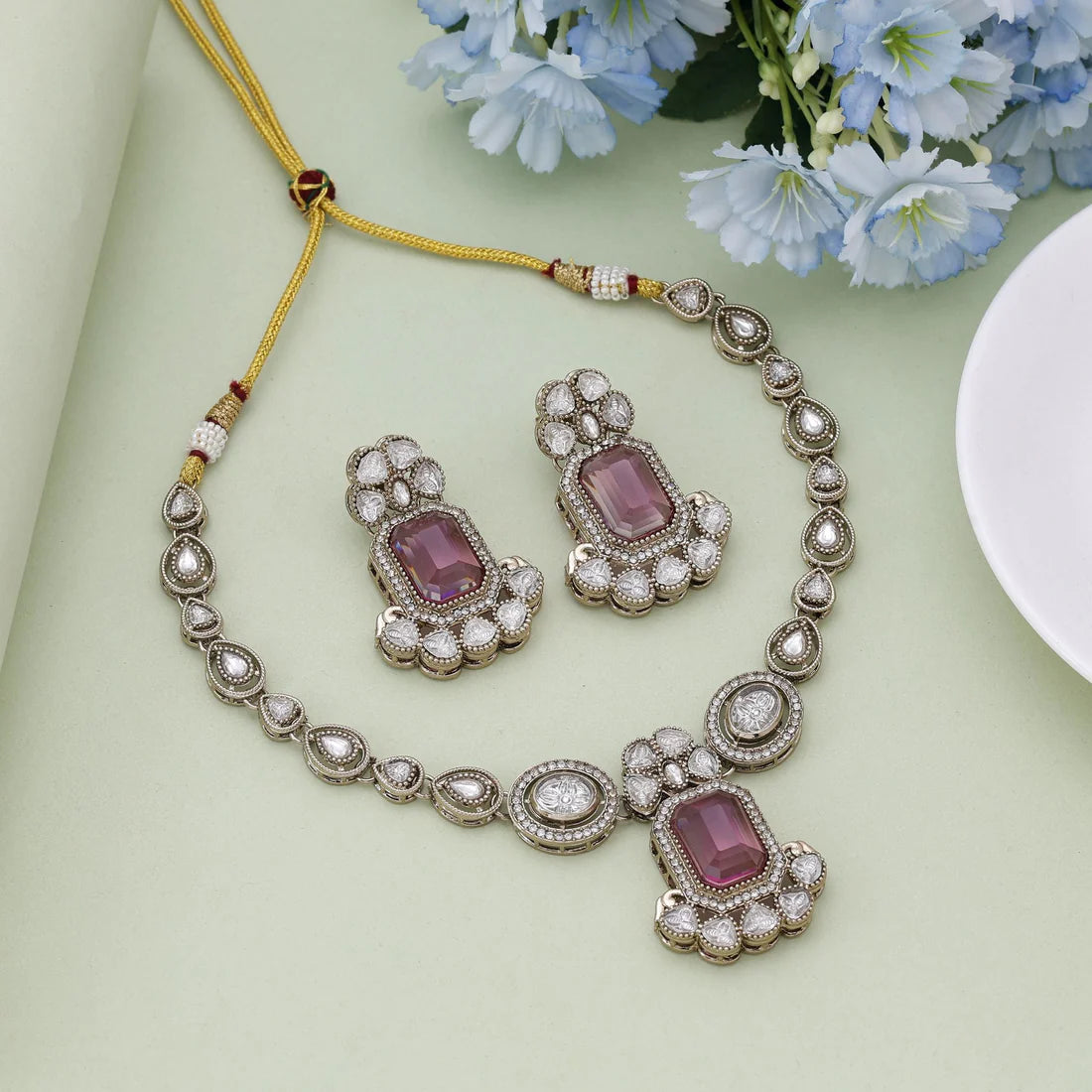 Magenta Color Kundan Necklace Set Designed For Luxurious Festive Looks