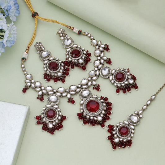 Maroon Color Kundan Necklace Set Crafted For Wedding And Cultural Wear