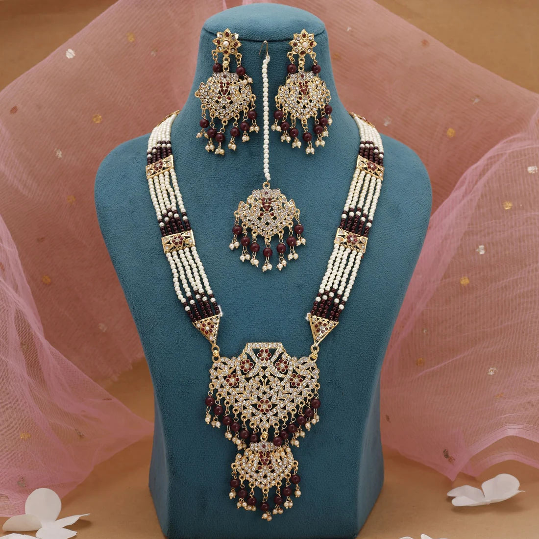 Maroon Color Rajputi Jewellery Rani Haar With Rich Cultural Finish