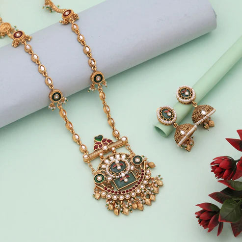 Multi Color Traditional Meena Work Designer Matte Gold Necklace Set For Festive Wear