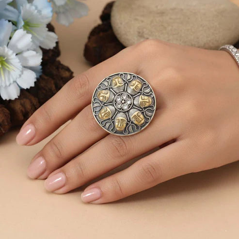 Gold & Silver Color Dual Tone Oxidised Rings Featuring Elegant Metallic Contrast With Artistic Detailing