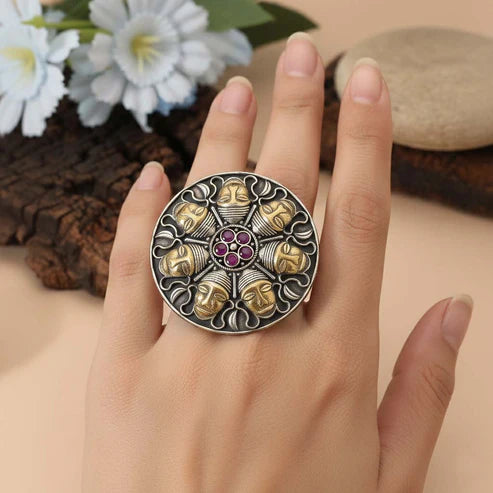 Rani Color Dual Tone Oxidised Rings Crafted With Bold Vibrant Shades And Traditional Oxidised Patterns