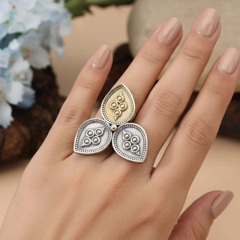 Gold & Silver Color Dual Tone Oxidised Rings Blending Modern Metallic Contrast With Timeless Ethnic Artistry
