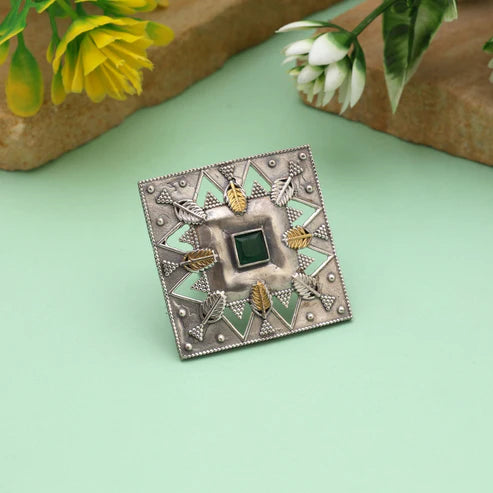 Green Color Dual Tone Oxidised Rings Showcasing Nature-Inspired Hues With Elegantly Carved Oxidised Design